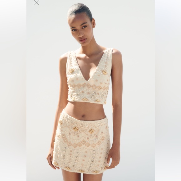 Zara embroidered shell mini skirt small beachy summer 7521/074 cream beige tan - Picture 7 of 15